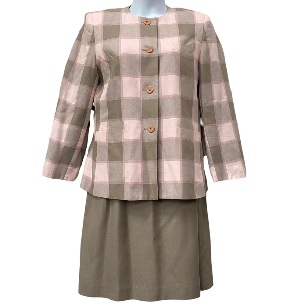Vintage Pastel Pink Khaki Brown 2 piece Blazer and midi Skirt Set size 14